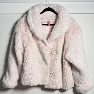 Vintage Faux Shearling Coat Women Small Pink Cropped Shawl Collar Plush Jacket